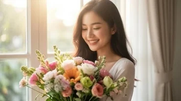 Người phụ nữ mỉm cười hạnh phúc ôm bó hoa tươi thắm rực rỡ khi mơ thấy được tặng hoa
