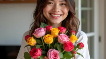 Một người phụ nữ hạnh phúc khi nhận được hoa cát tường