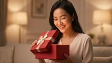 Người phụ nữ hạnh phúc khi mơ thấy được tặng quà bọc giấy đỏ tinh tế trong không gian ấm áp