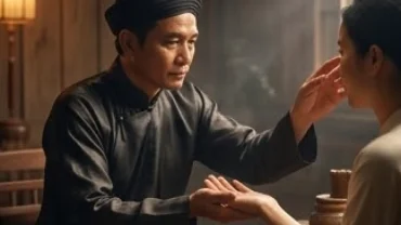 Một thầy tướng số mặc trang phục truyền thống đang luận giải diện mạo, tái hiện bối cảnh mơ thấy được xem tướng