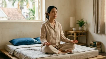Người phụ nữ Việt Nam nhắm mắt thiền định để giải tỏa căng thẳng sau khi mơ thấy đứt tay không chảy máu