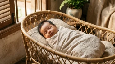 Hình ảnh em bé sơ sinh cười rạng rỡ trong chiếc nôi tre truyền thống Việt Nam gợi liên tưởng đến giấc mơ thấy em bé