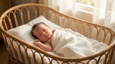 Em bé sơ sinh đang ngủ say sưa bình yên trên nôi mây là hình ảnh tuyệt đẹp khi mơ thấy em bé