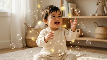 Hình ảnh em bé vui vẻ tượng trưng cho điềm báo tài lộc khi mơ thấy em bé ỉa trong không gian sống hiện đại