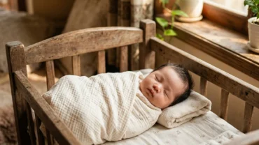 Hình ảnh minh họa cho việc nằm mơ thấy em bé sơ sinh ngủ ngon lành trong nôi tre mộc mạc