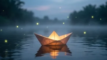 Chiếc thuyền giấy phát sáng trôi nổi trên dòng sông mù sương đại diện cho điềm báo tâm linh về việc mơ thấy em bé té sông