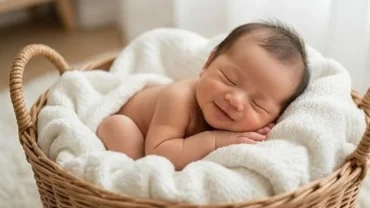 Bé trai sơ sinh đang ngủ say sưa với nụ cười thanh bình mang ý nghĩa may mắn khi mơ thấy em bé trai