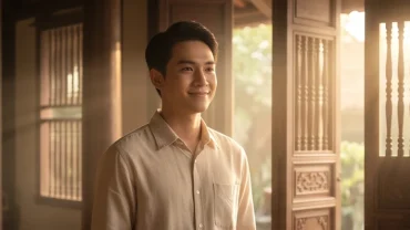 Chàng trai trẻ đang mỉm cười trong bối cảnh bình yên đại diện cho giấc mơ thấy em trai mang điềm cát tường