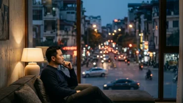 Người đàn ông ngồi suy tư trong phòng khách hiện đại tại Việt Nam phản ánh tâm lý lo âu khi mơ thấy em vợ