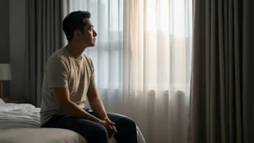 Người đàn ông đăm chiêu suy nghĩ về ý nghĩa của giấc mơ thấy em vợ trong không gian phòng ngủ yên tĩnh