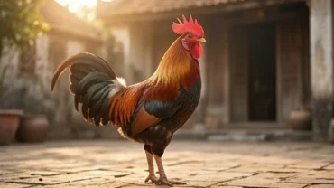 Chú gà trống uy nghi dưới ánh nắng sớm rực rỡ tượng trưng cho ý nghĩa phong thủy và điềm báo tài lộc khi mơ thấy gà