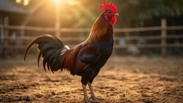 Chiến kê oai vệ với mào đỏ và bộ lông rực rỡ vươn cổ kiêu hãnh, biểu tượng tiêu biểu khi bạn mơ thấy gà chọi