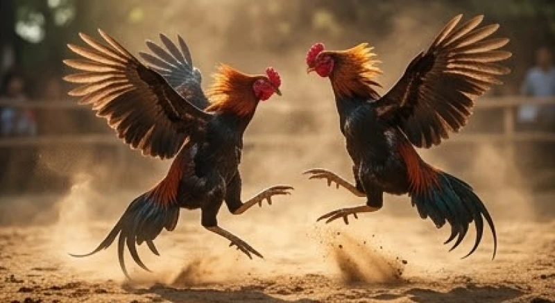 Hai con gà chọi đang tung cước vỗ cánh và cắn xé nhau vô cùng ác liệt bên trong sới cát