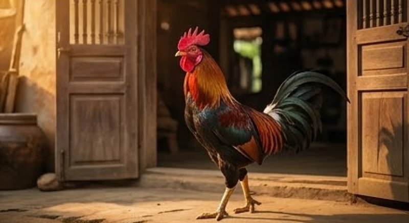 Con gà chọi to khỏe và dạn dĩ thong thả bước qua bậc thềm bằng gỗ để đi vào trong ngôi nhà