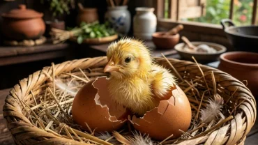 Hình ảnh ổ trứng gà mộc mạc tượng trưng cho năng lượng sinh sôi và ý nghĩa phong thủy khi nằm mơ thấy gà con mới nở