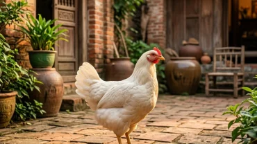 Hình ảnh con gà lông trắng thong dong trong sân gạch đỏ tượng trưng cho điềm báo khi mơ thấy gà màu trắng