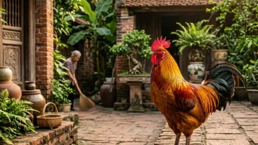 Chú gà trống lông vàng óng ả đứng hiên ngang trong khoảng sân gạch truyền thống đại diện cho giấc mơ thấy gà trống