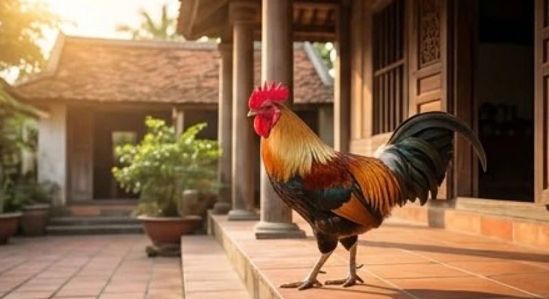 Gà trống thư thả bước vào hiên nhà đem theo điềm báo vượng khí và tin vui tài sản cho gia chủ