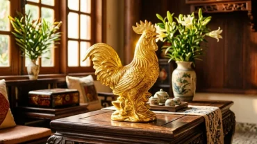 Bức tượng gà trống mạ vàng rực rỡ minh họa cho ý nghĩa của giấc mơ thấy gà vàng trong phong thủy