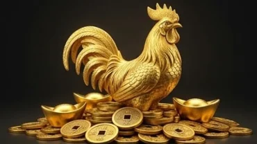 Bức tượng gà trống bằng vàng óng ả đặt trên tiền xu phong thủy thể hiện ý nghĩa khi mơ thấy gà vàng tài lộc