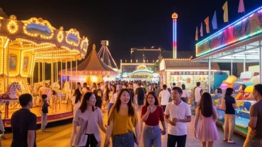 Cảnh vui chơi giải trí rực rỡ ánh đèn trong đêm, biểu tượng cho giấc mơ mơ thấy giải trí mang điềm lành
