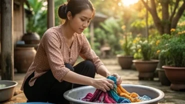 Người phụ nữ Việt Nam đang giặt quần áo sạch sẽ dưới nắng mai, thể hiện ý nghĩa mơ thấy giặt quần áo