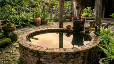 Cảnh giếng nước truyền thống ngập tràn dòng nước trong vắt tĩnh lặng phản ánh ý nghĩa khi mơ thấy giếng nước đầy