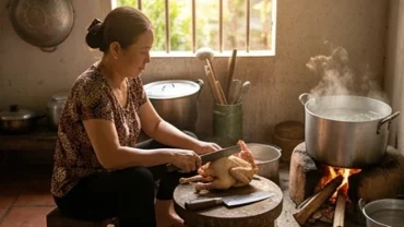 Người chuẩn bị mâm cỗ truyền thống với dao thớt và nước sôi, giải mã điềm báo phong thủy khi mơ thấy giết mổ gia cầm