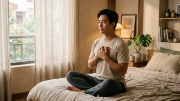 Người ngồi thiền tĩnh tâm trong phòng ngủ ấm áp để xoa dịu cảm giác lo âu sau khi mơ thấy giết người
