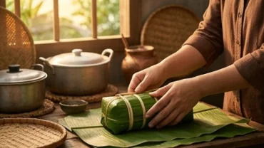 Người thợ cẩn thận buộc lạt đòn bánh tét truyền thống trong không gian bếp xưa, khơi gợi ý nghĩa mơ thấy gói bánh tét