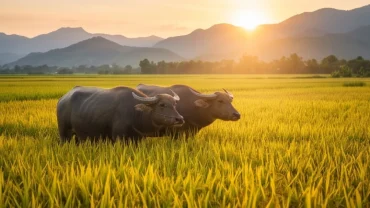 Vẻ đẹp uy nghi kỳ bí của cặp linh vật trong giấc mơ thấy hai con trâu giữa cánh đồng lúa chín vàng