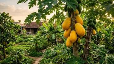Hình ảnh minh họa cho điềm báo tâm linh và tài lộc khi bạn nằm mơ thấy hái quả đu đủ chín vàng trên cây