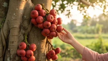 Người phụ nữ vươn tay hái những quả sung chín mọng trên thân cây cổ thụ khi mơ thấy hái quả sung
