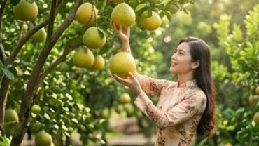 Người phụ nữ mỉm cười vươn tay hái những quả bưởi chín mọng trên cành tái hiện giấc mơ thấy hái trái cây