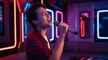 Người cầm micro say sưa ca hát dưới ánh đèn mờ đại diện cho ý nghĩa mơ thấy hát karaoke