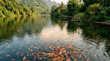 Hình ảnh giải mã giấc mơ thấy hồ nước có nhiều cá bơi lội tượng trưng cho tài lộc dồi dào
