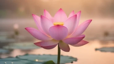 Một đóa hoa sen hồng bung nở rực rỡ trên mặt hồ tĩnh lặng mang thông điệp tích cực khi mơ thấy hoa
