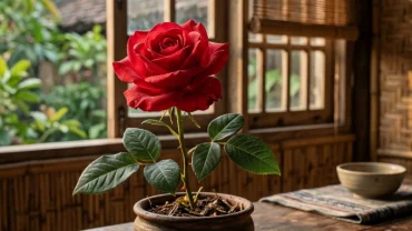 Đóa hoa hồng đỏ nở rộ tuyệt đẹp trong sương sớm minh họa cho ý nghĩa phong thủy khi mơ thấy hoa hồng