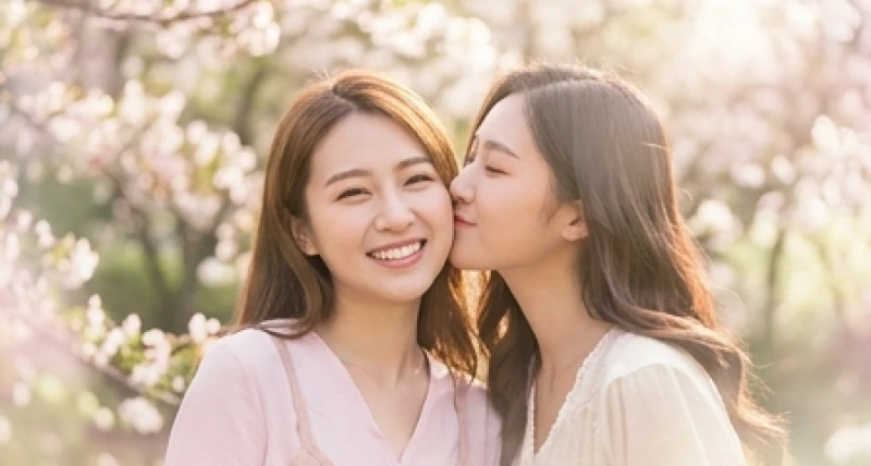 Hai người bạn trẻ mỉm cười rạng rỡ khi một người khẽ hôn nhẹ lên má người kia giữa khu vườn tĩnh lặng