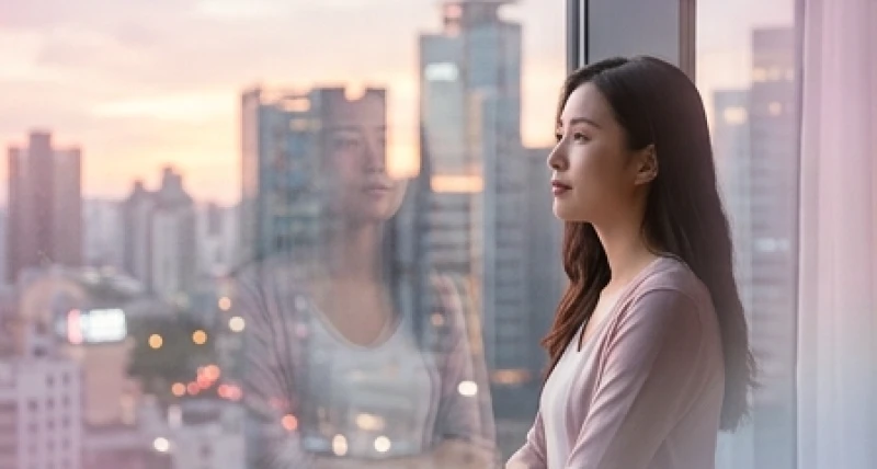 Người phụ nữ đứng một mình trầm ngâm suy nghĩ bên cửa sổ nhìn ra thành phố nhộn nhịp lúc hoàng hôn