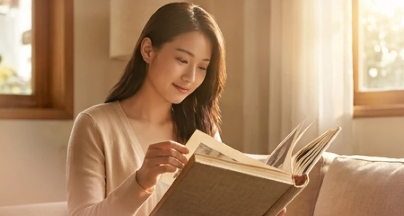 Cô gái lật giở cuốn album ảnh cũ với ánh mắt bình thản trong căn phòng ấm áp ngập tràn ánh nắng