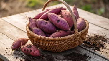 Rổ khoai lang tươi đầy ắp vừa thu hoạch mang đến ý nghĩa sung túc khi mơ thấy khoai lang