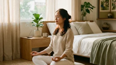 Người phụ nữ Việt Nam thư giãn sau khi tỉnh giấc vì mơ thấy kinh nguyệt để giảm bớt căng thẳng và cân bằng nội tiết tố