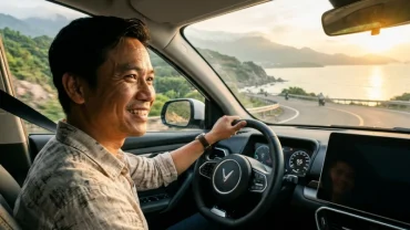 Người lái xe ô tô hiện đại trên đường phố Việt Nam rực rỡ gợi liên tưởng đến giấc mơ thấy lái xe ô tô