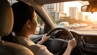 Người đàn ông tự tin cầm vô lăng khi mơ thấy lái xe ô tô dưới ánh sáng ấm áp