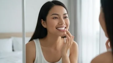 Người phụ nữ mỉm cười tự tin ngắm nhìn hàm răng trắng sáng trong gương sau giấc mơ thấy làm răng