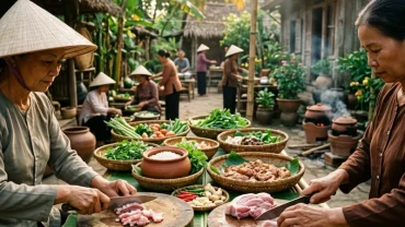 Bức ảnh nghệ thuật tái hiện không gian làng quê Việt Nam minh họa cho điềm báo khi nằm mơ thấy làm thịt lợn