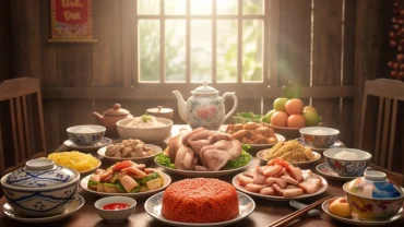 Bối cảnh mâm cỗ truyền thống sung túc tượng trưng cho điềm báo may mắn khi nằm mơ thấy làm thịt lợn