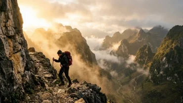 Người đứng giữa biển mây trên đỉnh núi đá vôi Hà Giang thể hiện hành trình vượt khó khi mơ thấy leo núi