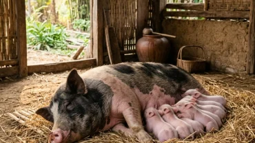 Bức ảnh lợn nái sinh đàn lợn con khỏe mạnh tượng trưng cho tài lộc và sự sung túc khi nằm mơ thấy lợn đẻ con